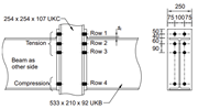 Illustration of a steel bolted joint with precise dimensions and configuration details.