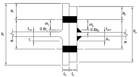 Steel connection detail illustrating a tension zone T-stub component in a precise steel joint
