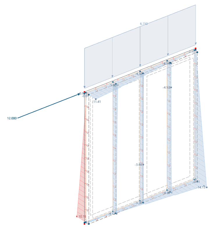 Simulation of the governing axial force distribution in the ribs of a timber panel wall in RFEM 6