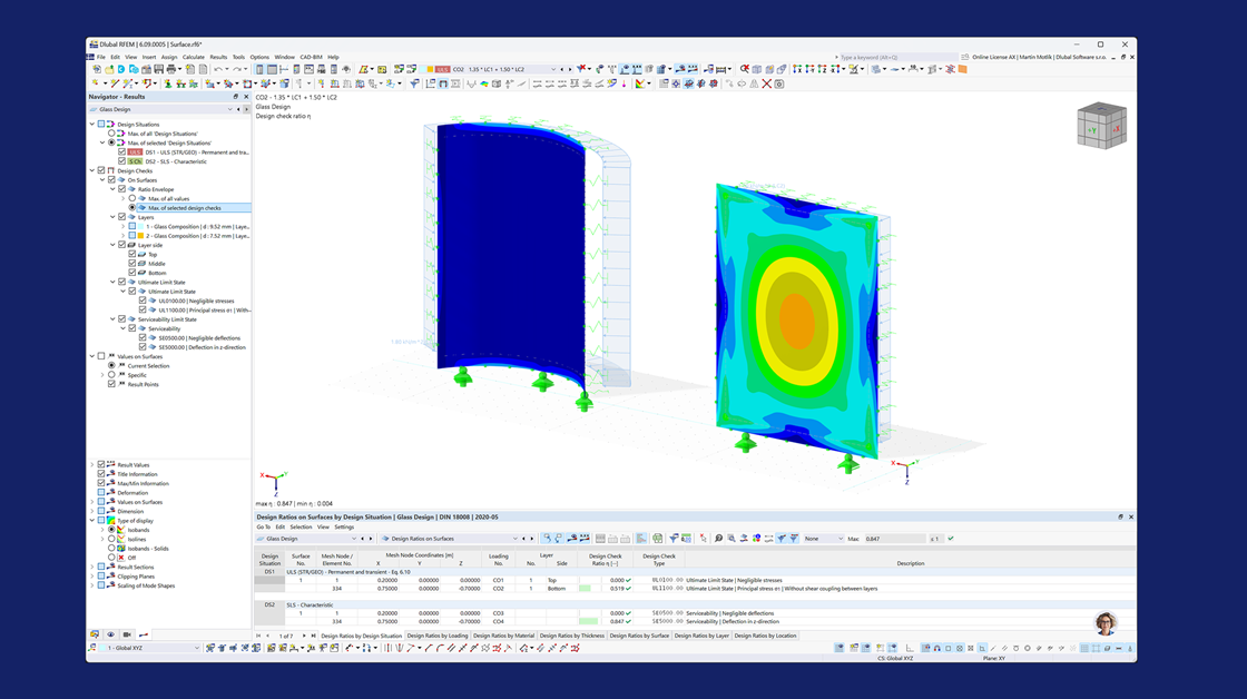 Flat and curved glass surfaces displaying load analysis results using a specialized glass design add-on.