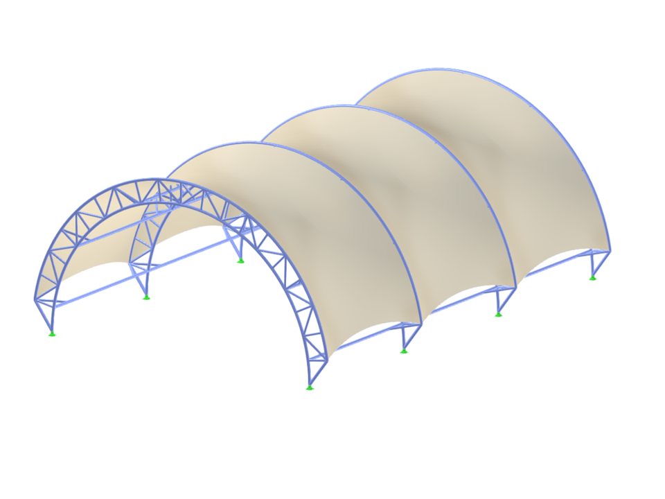 Tensile membrane structure supported by curved steel trusses, form-finding, and wind simulation in model 005546