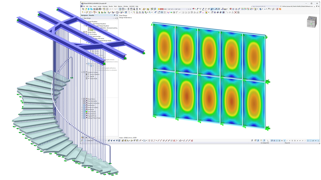 Slider image displaying a glass facade and staircase with RFEM 6 interface.