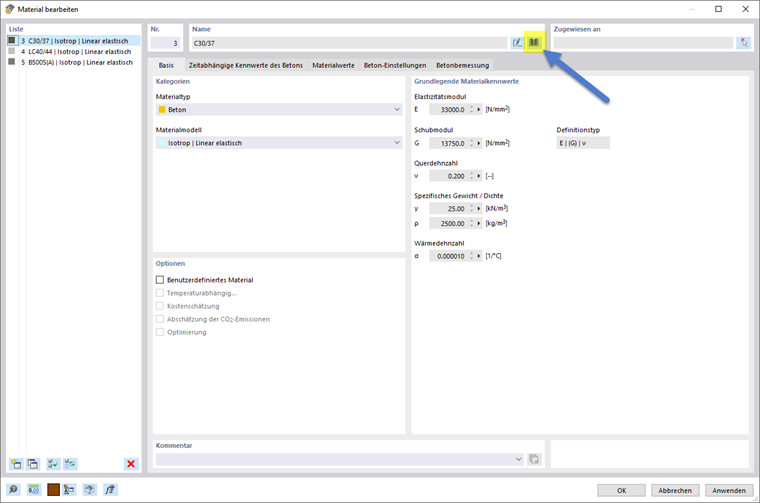 Overview of the material editing dialog box | Material library button | Selection of concrete and reinforcing steel
