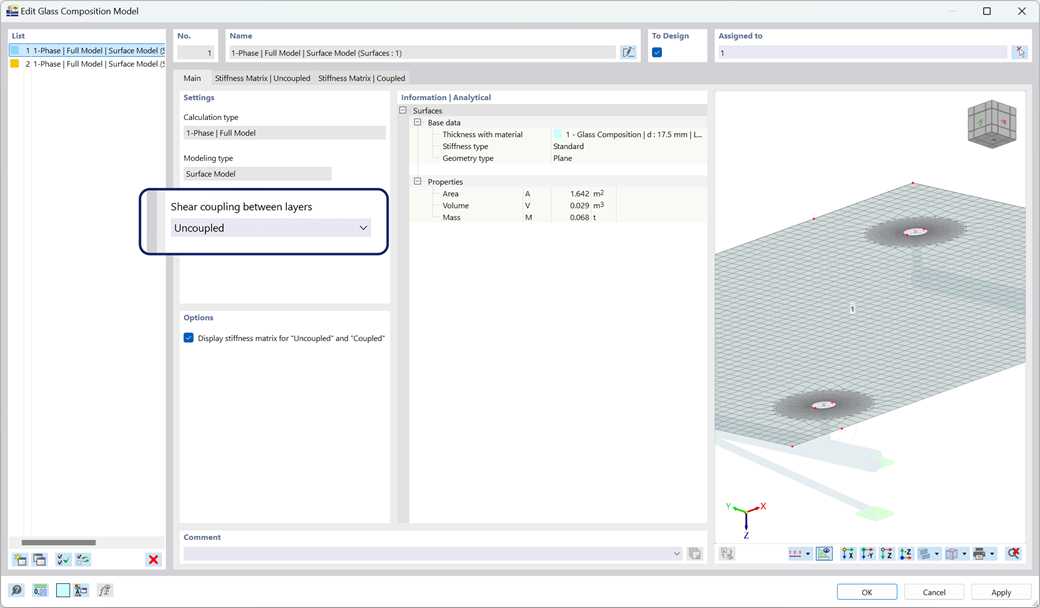 Dialog window for selecting shear coupling or no coupling in a glass composition model.