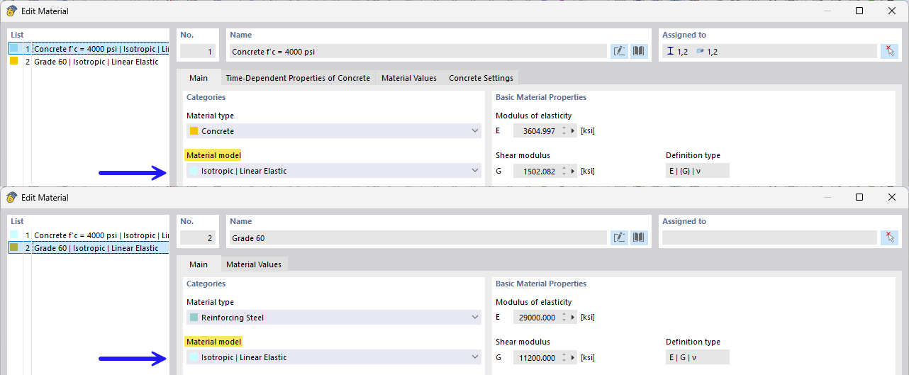 Preset parameters for material models | Concrete and reinforcing steel, standard
