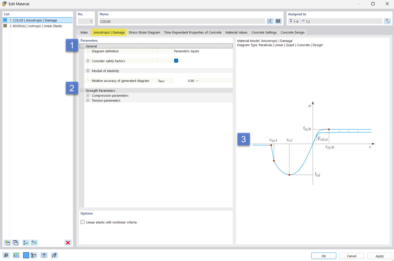 Input tab for material parameters | Anisotropic and damage