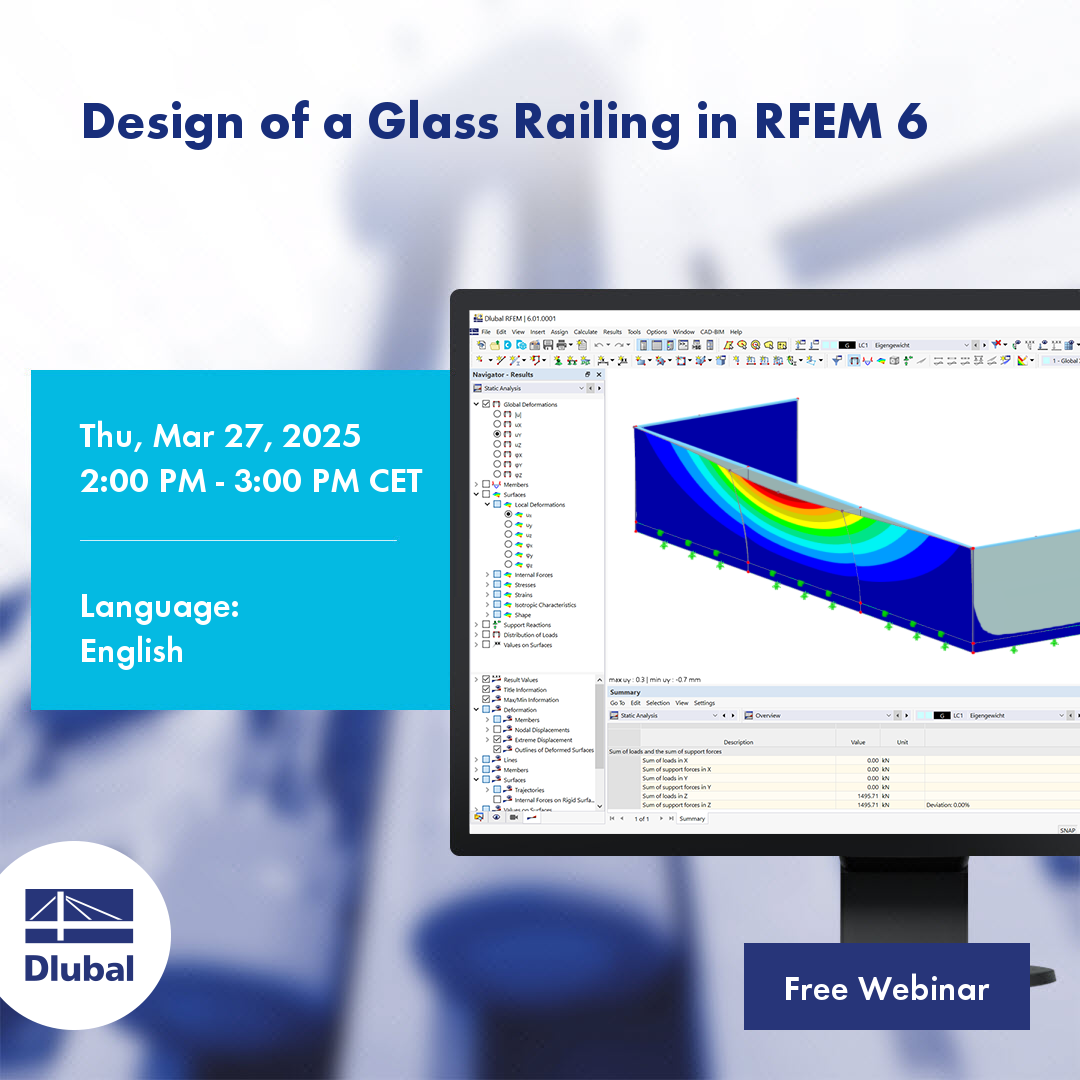 Illustration of a glass railing design modeled in RFEM 6 with scheduled event details.