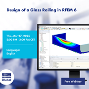 Illustration of a glass railing design modeled in RFEM 6 with scheduled event details.