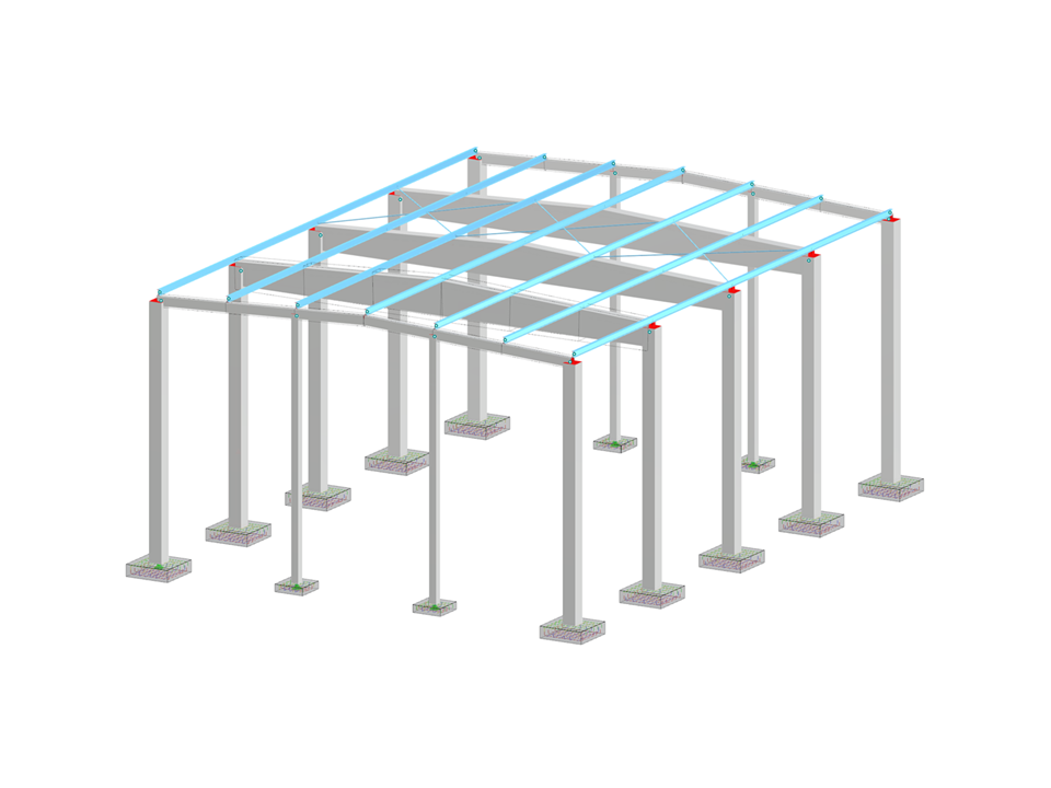 Concrete hall with isolated reinforced footings and detailed reinforcement layout for optimal load transfer.