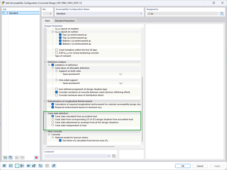 Interface displaying configuration settings for crack state detection with technical parameters.