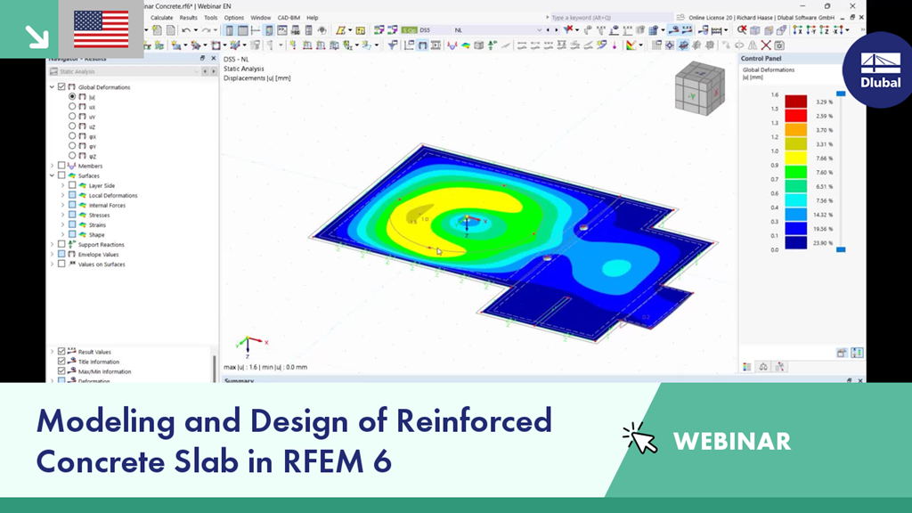 Webinar slide promoting reinforced concrete slab modeling and design techniques.