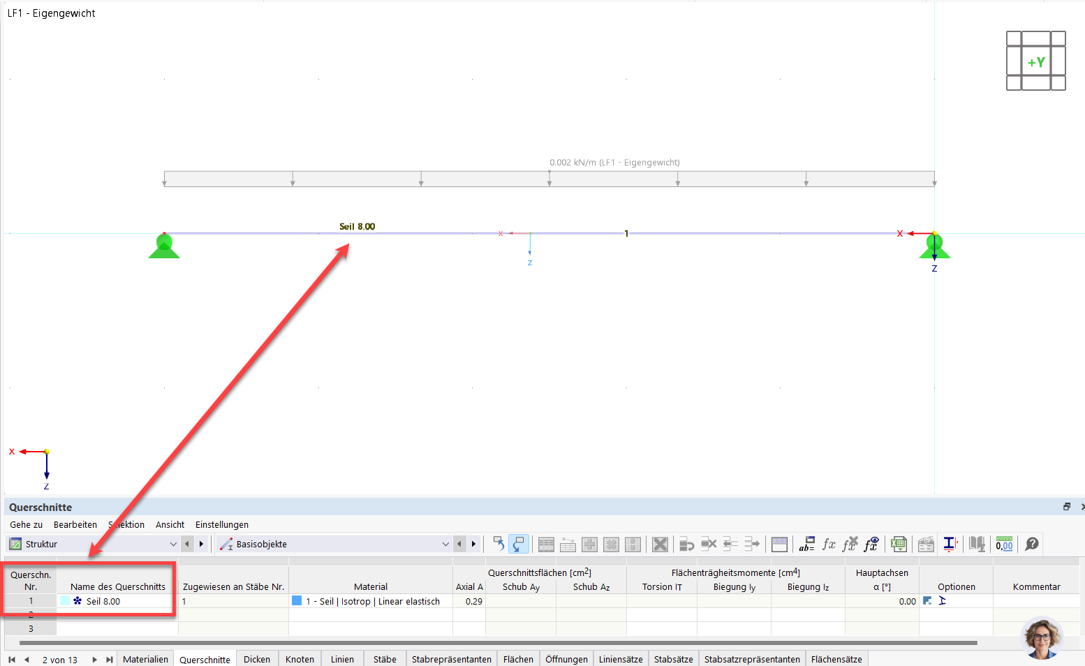 The image shows a single-span system with a cable member used to eliminate instability in the modal analysis.