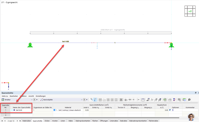 The image shows a single-span system with a cable member used to eliminate instability in the modal analysis.