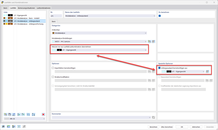 The image shows the modal analysis with initial state, cable member, initial prestress, and minimum change in length.