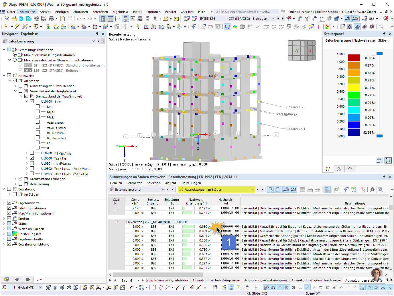 The image shows a view where the feature for opening design check details to determine the required reinforcement is presented in.