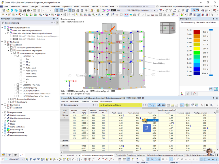 The image shows the calculation of the required reinforcement in the concrete based on details related to the design.