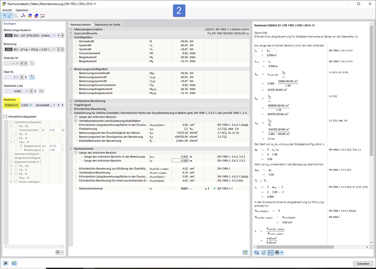 The image shows examples of the reinforcement result details in a concrete design calculation.