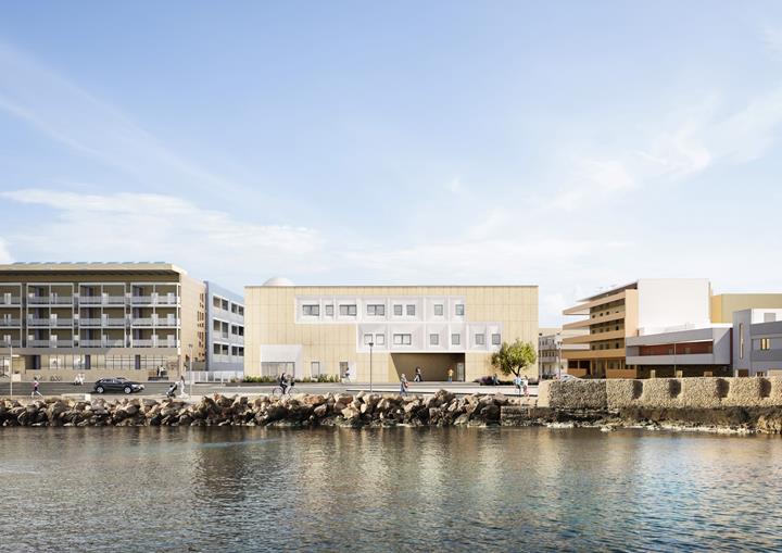 The project integrates local stone, terraced access, and dynamic flares to create flexible educational and community spaces.