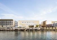 The project integrates local stone, terraced access, and dynamic flares to create flexible educational and community spaces.