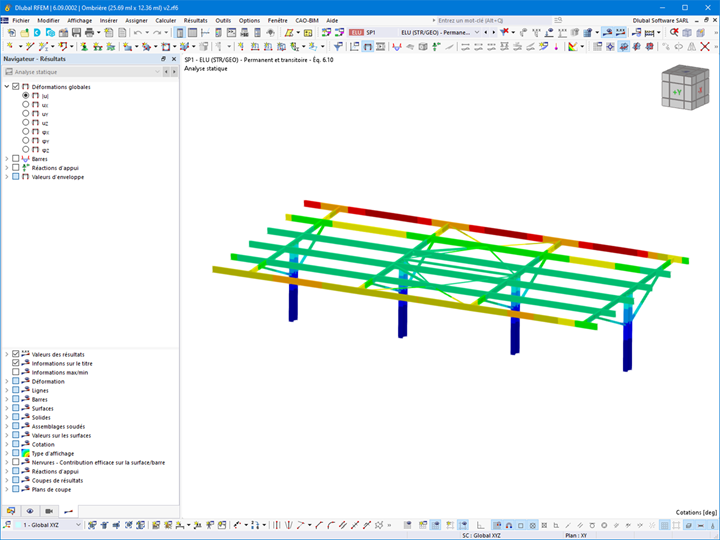 The model illustrates the photovoltaic roof system with slight deformations on the columns and accentuated on the upper edges.