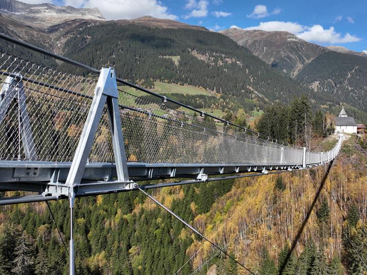 The LaPendenta suspension bridge in Disentis/Mustér presents modern cable and lightweight structure.