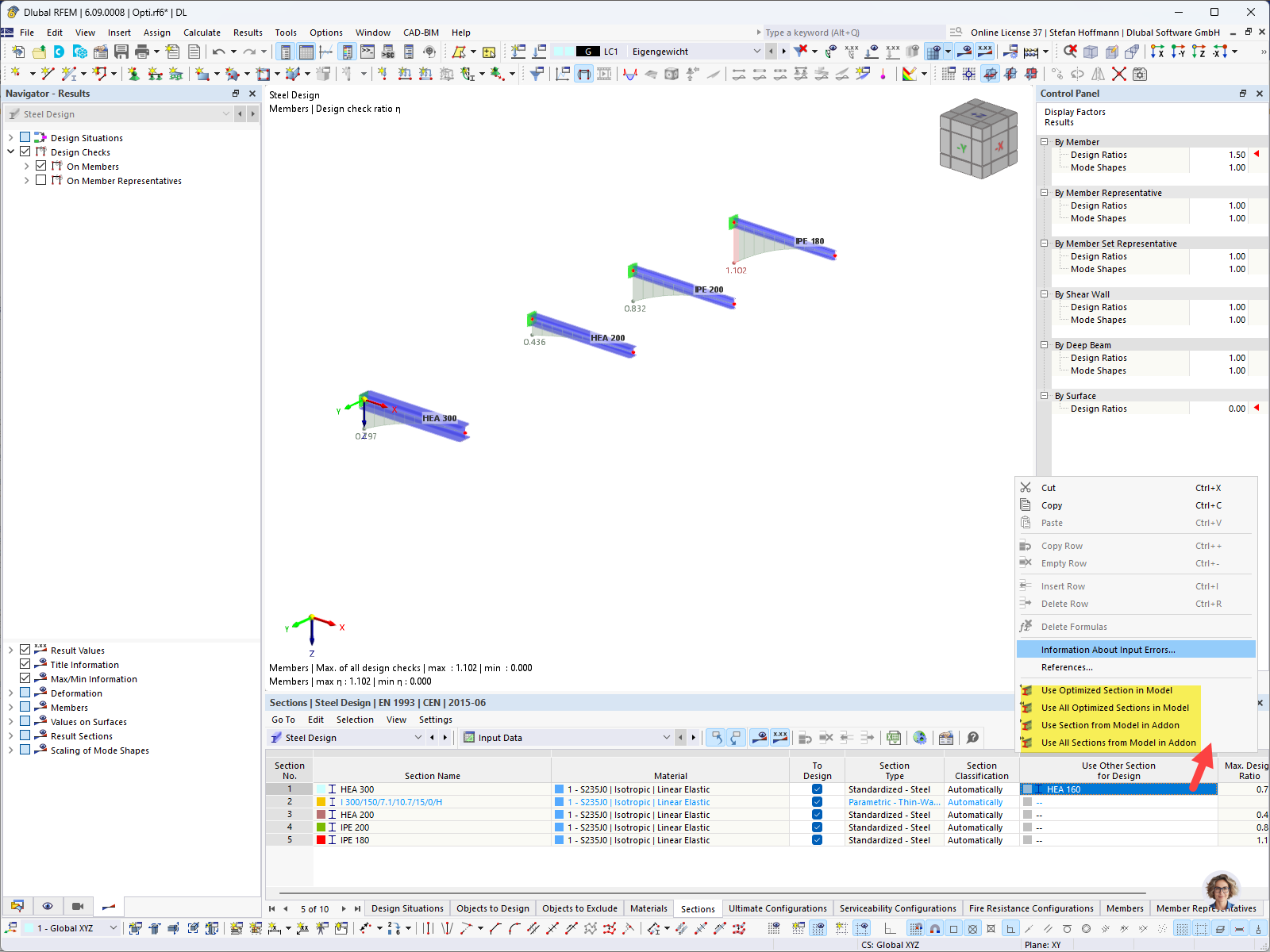 The image shows the FAQ article on optimizing cross-sections in steel design.