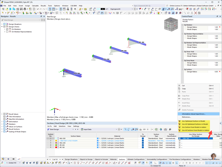 The image shows the FAQ article on optimizing cross-sections in steel design.