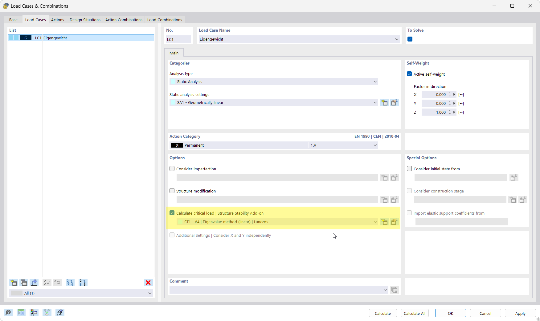 The application provides new options for load cases after activating the add-on.