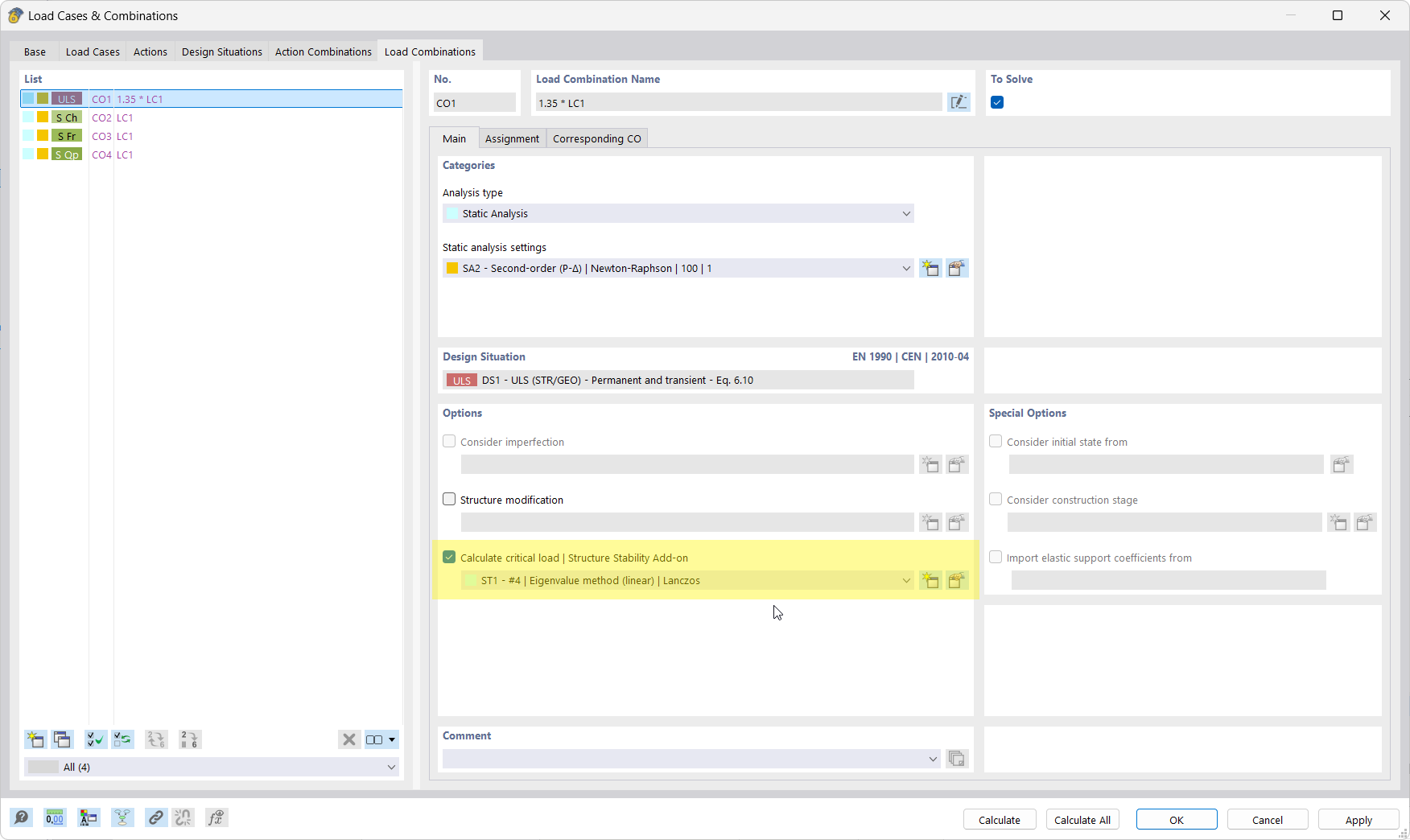 The image shows newly activated options for load combinations using an add-on.