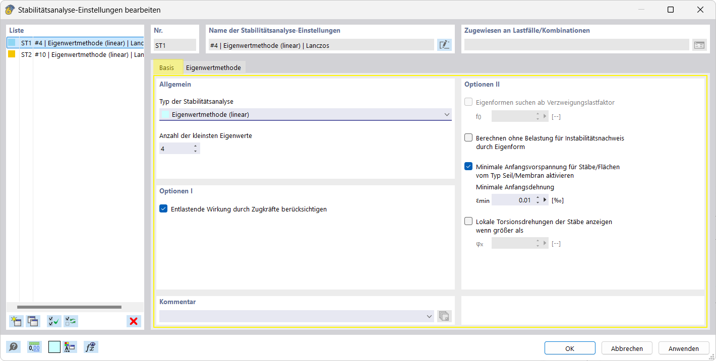 The image shows stability analysis settings in the Main tab.