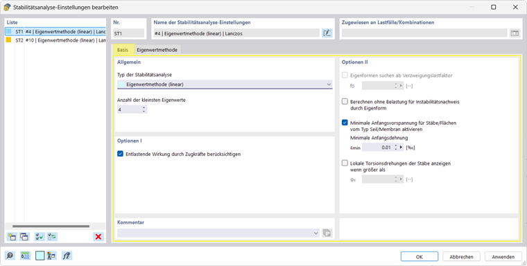 The image shows stability analysis settings in the Main tab.