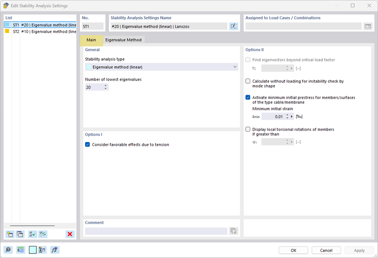 The image shows stability analysis settings in the Main tab.