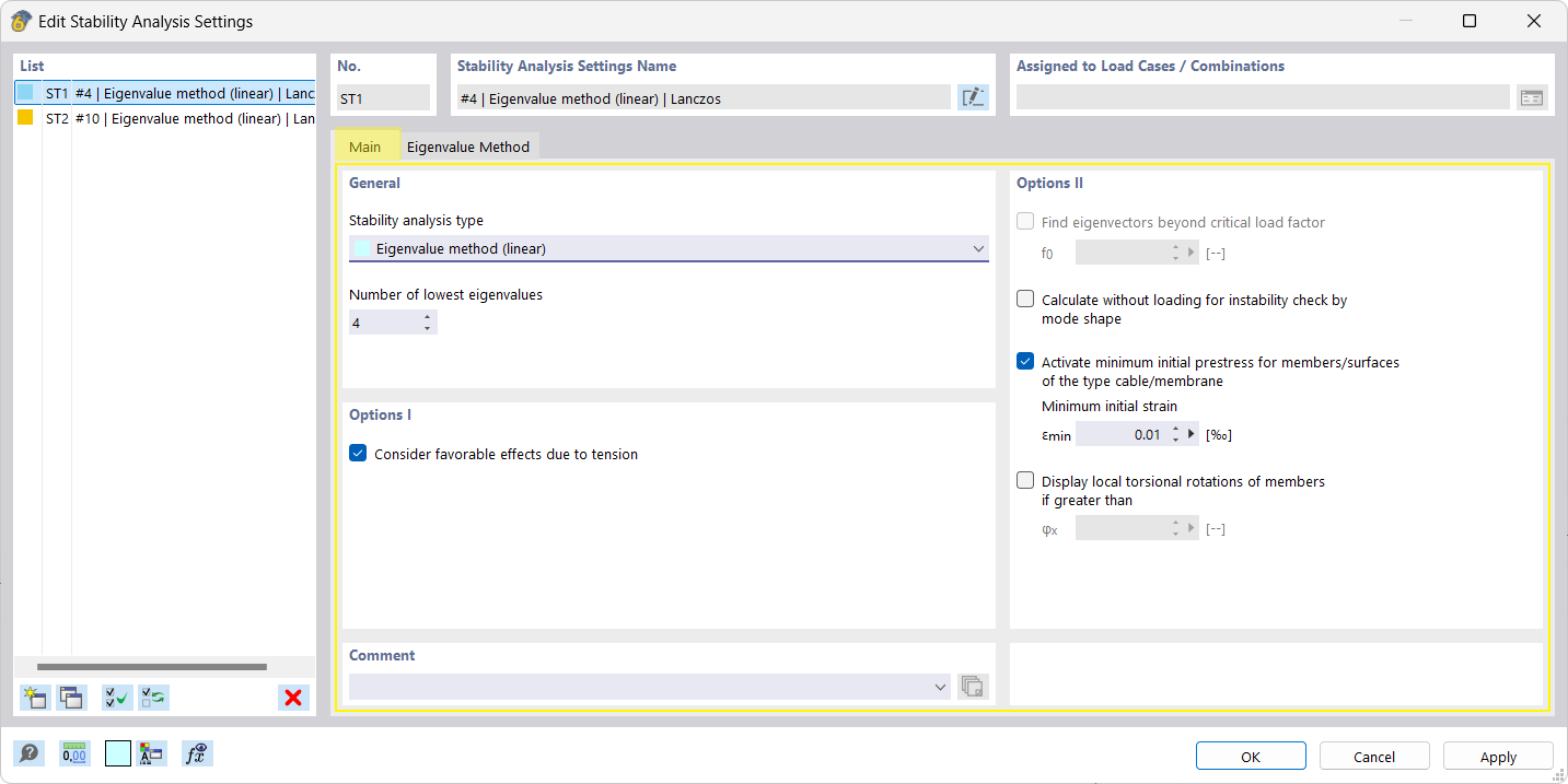 The image shows stability analysis settings in the Main tab.