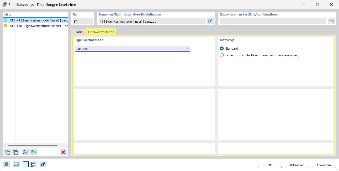 The options for setting the stability analysis for the Eigenvalue Method tab are displayed.