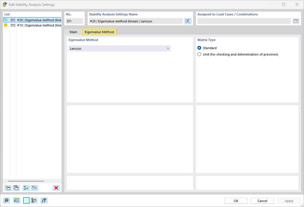 The options for setting the stability analysis for the Eigenvalue Method tab are displayed.