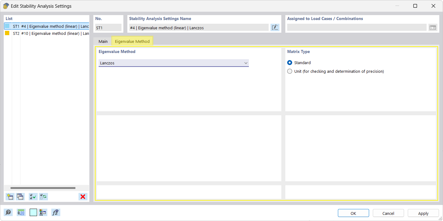 The options for setting the stability analysis for the Eigenvalue Method tab are displayed.