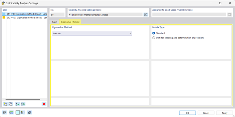 The options for setting the stability analysis for the Eigenvalue Method tab are displayed.