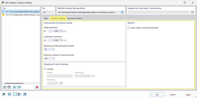 The image shows options for setting the stability analysis in the Increase Loading tab.
