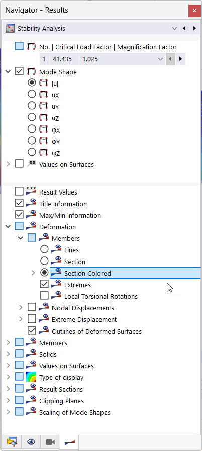 The system displays a structured overview of calculation results in the Results navigator.