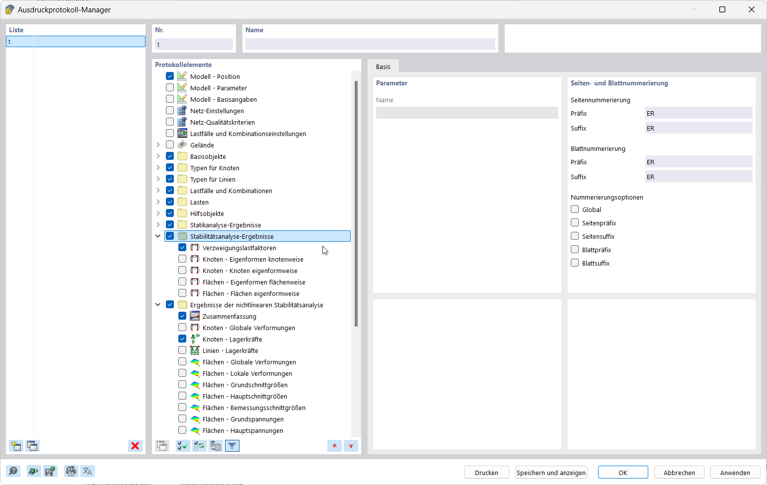 The image shows how report elements are selected in the Printout Report Manager.