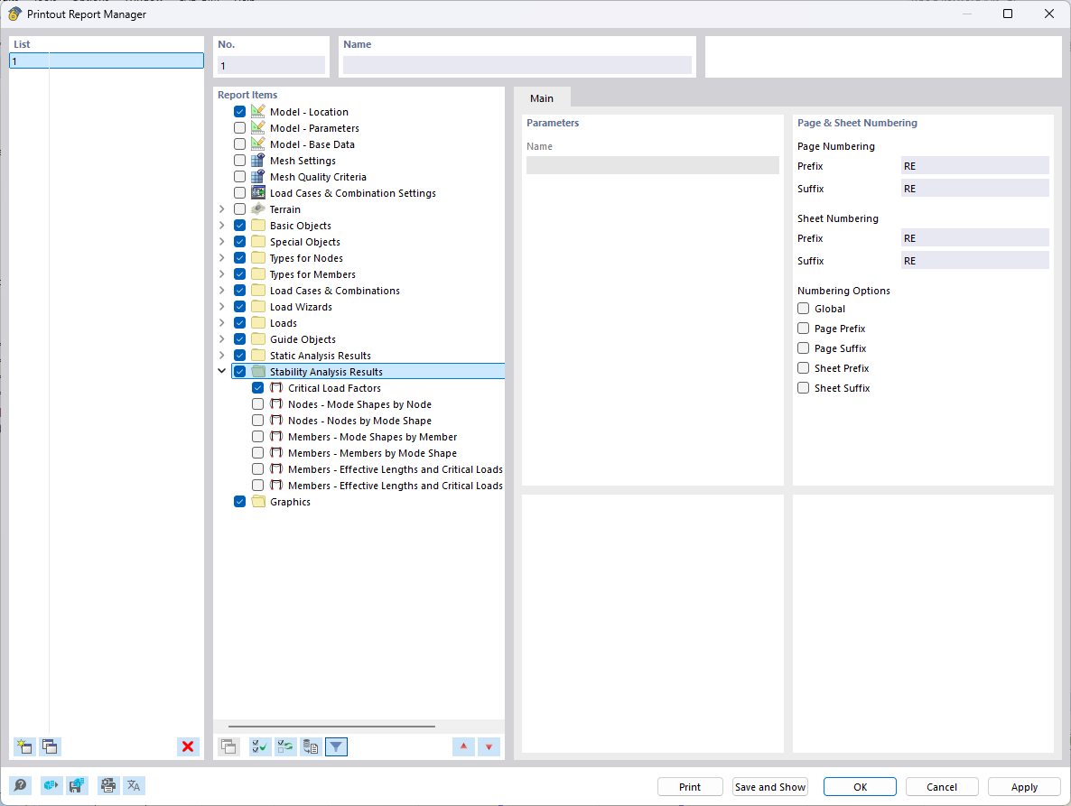 The image shows how report elements are selected in the Printout Report Manager.
