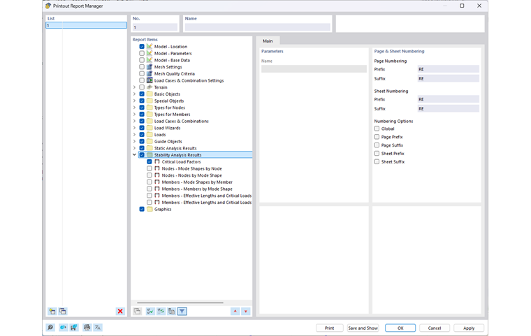 The image shows how report elements are selected in the Printout Report Manager.