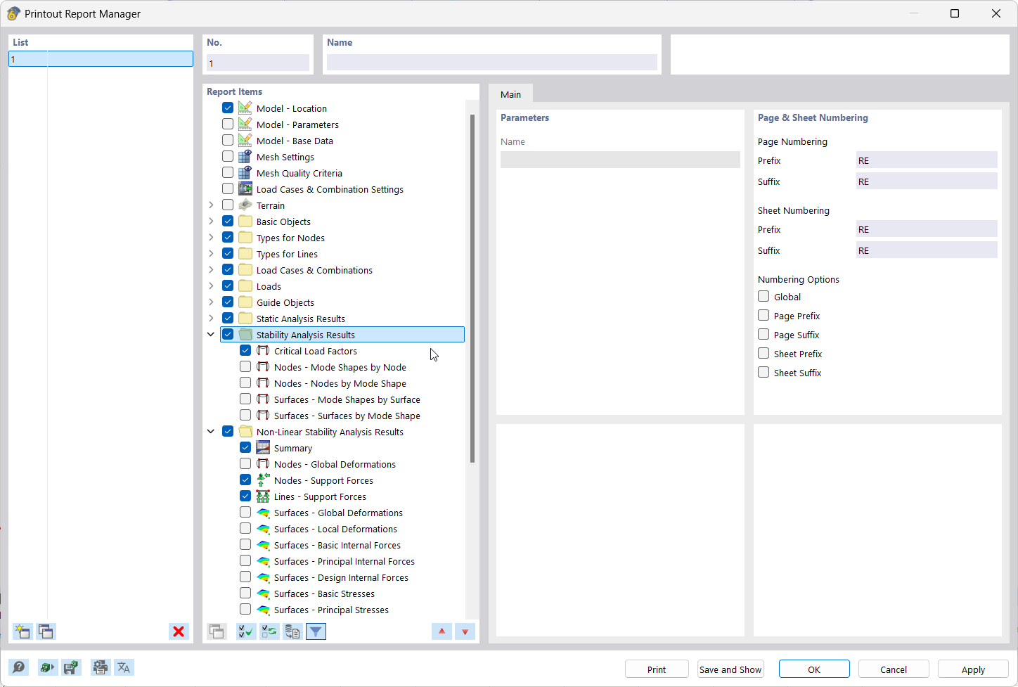 The image shows how report elements are selected in the Printout Report Manager.