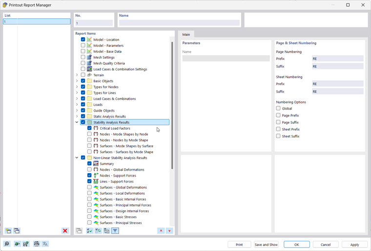 The image shows how report elements are selected in the Printout Report Manager.