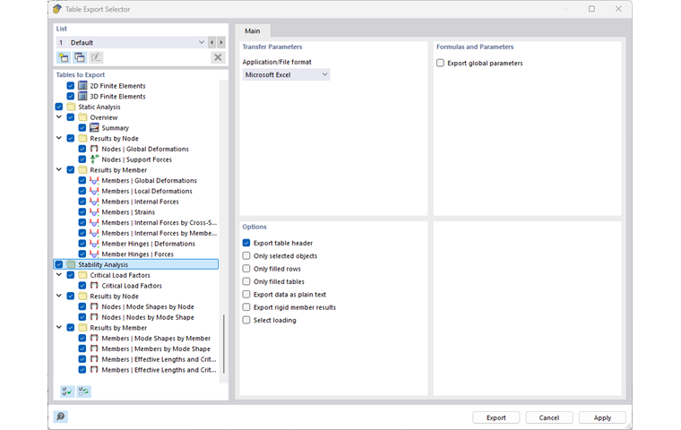The RFEM dialog box allows you to select and export tables with various setting options.