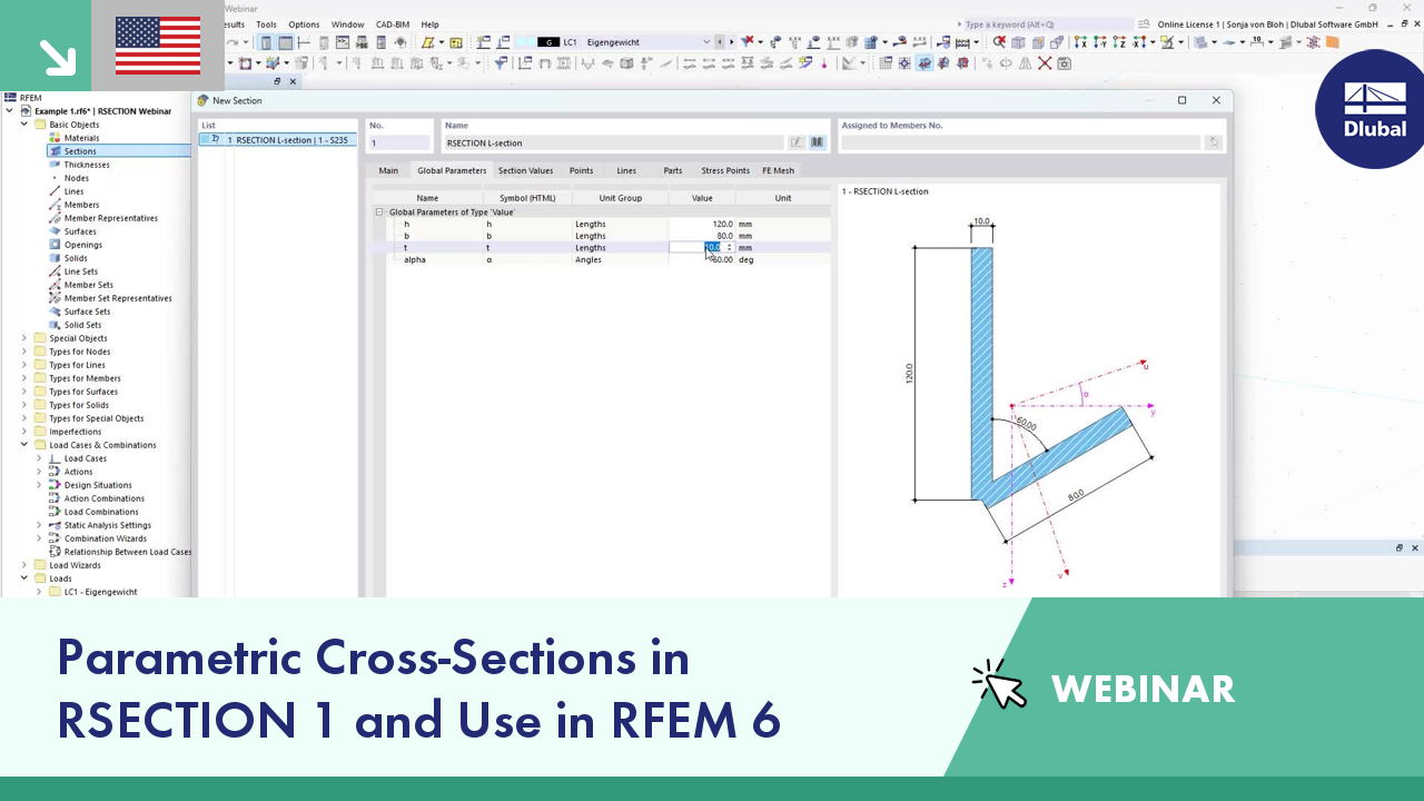 The image promotes a webinar on parametric cross-sections in RSECTION 1 and their use in RFEM 6.