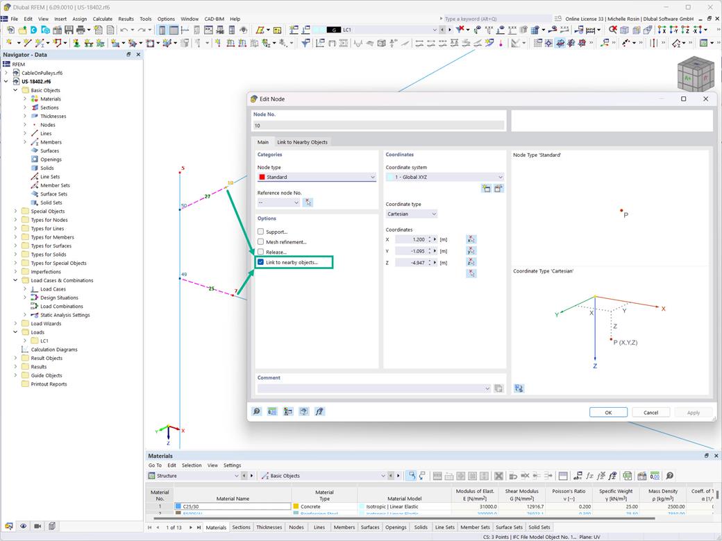The tool automatically creates rigid members between neighboring objects when the node option is active.