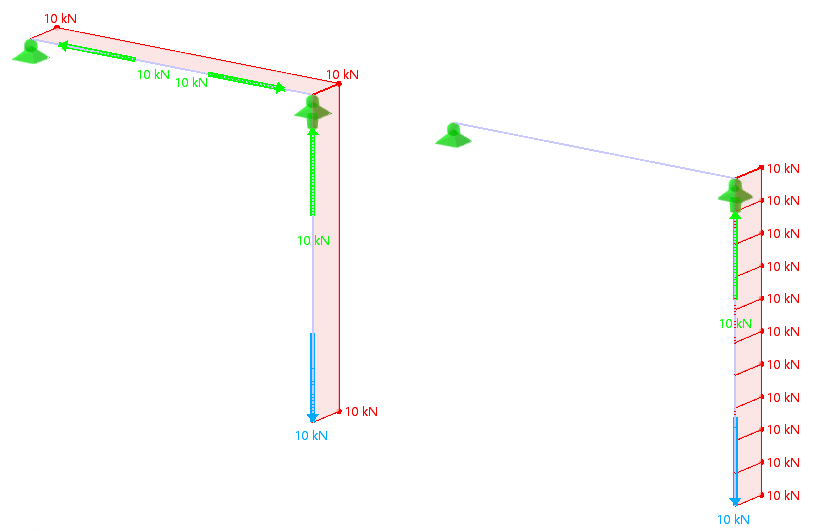 Modeling with cable member on pulleys (left) and cable members (right): Comparison of axial forces and support reactions