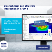This image promotes a free webinar on geotechnical soil-structure interaction in RFEM 6.