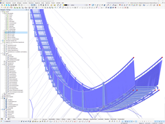 The RFEM model shows the LaPendenta suspension bridge in Disentis/Mustér, constructed using modern cable and lightweight structure technology.